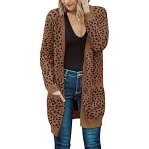 Merokeety Brown Black Dots Open Front Knit Pockets Cozy Cardigan Sweater Size XL